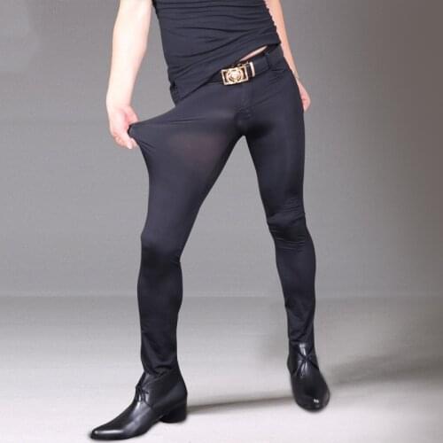 Sexy Men Charm Pants Elastic Tight Trousers Ice Silk Stockings Casual Pencil Pants Erotic Lingerie Club Gay Wear Men Clothing