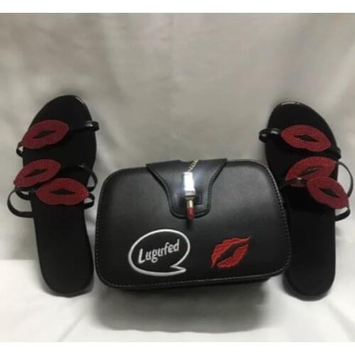 Bags Headband Set Red Lips Design Bag and Sadal Slippers Summer Beach Flip Flops Crystal Sandals Ladies Luxury Flat Bling Slides