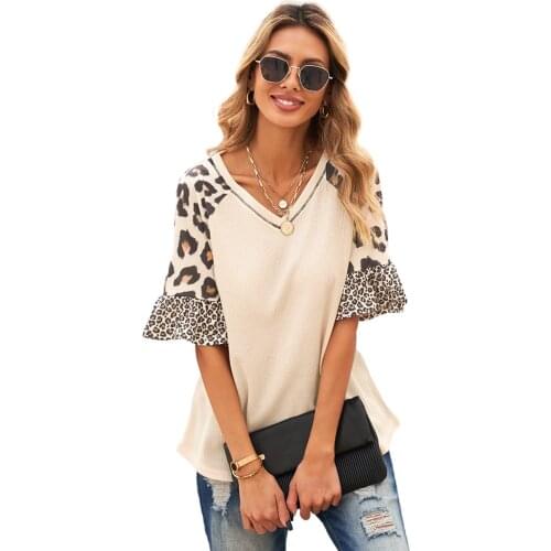Mixed Leopard Short Ruffle Sleeve Waffle Knit Top Summer Women Casual Plus Size S-2XL Leopard Blouse Top