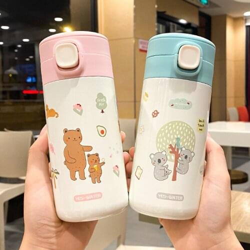 Cute Bear Thermos Water Bottle Stainless Steel Straight body Cartoon Vacuum Flask For Children Insulated Cup
