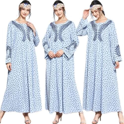 Vintage Polka Dot Muslim Women Long Dress Ramadan Islamic Arab Jilbab Maxi Robe Plus Size Casual O-neck Long Sleeve Jilbab Gown
