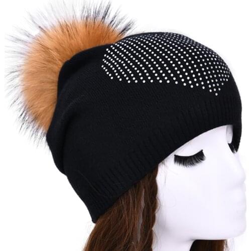 MAOMAOFUR Real Fur Ball Cap Winter Hat for Women Girl 's Rhinestone Real Fur Pom Pom Knitted Beanies Cap Brand Thick Fur