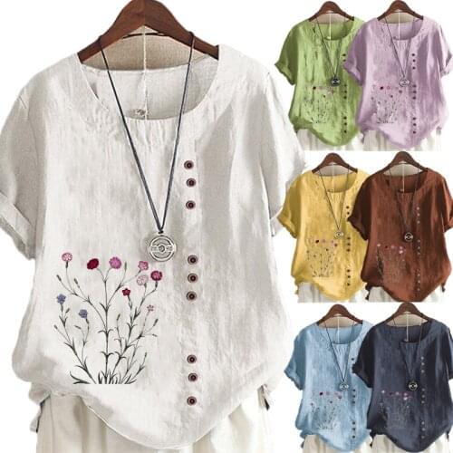 New Summer Fashion Floral Printed Linen T-shirt Ladies Short Sleeve O-neck Blouse Womens Loose Tops Plus Size