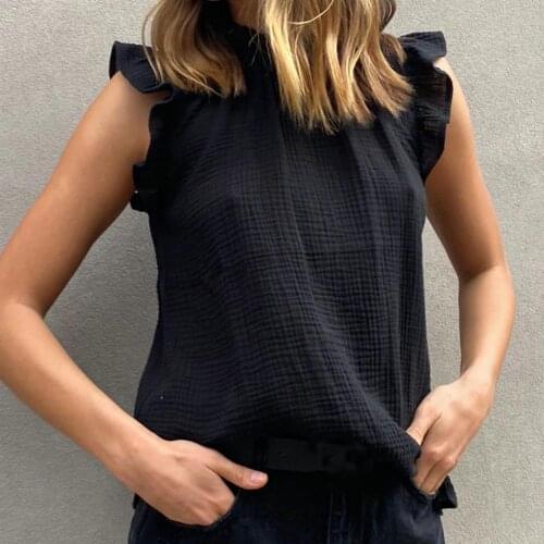 2021 New Fashion Simple Ruffles Sleeveless Women Blouse Elegant Pleated Turtleneck Summer T-shirt Pullover Top Casual Blouse