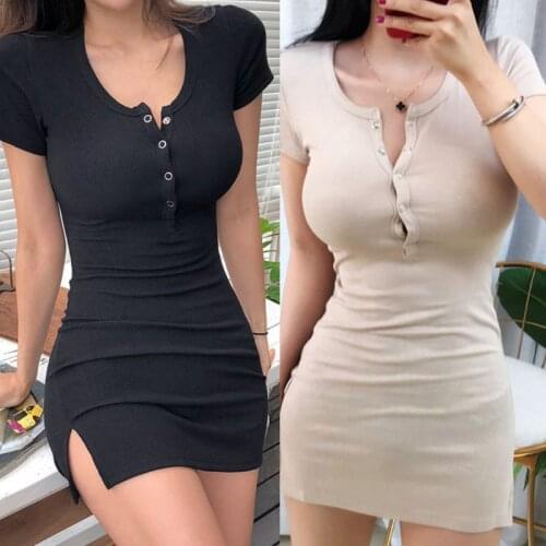 Women Summer Short Sleeve Split Ribbed Knit Bodycon Mini Blouse Dress A-Line Sexy Buttons Empire Waist T-Shirts Clubwear