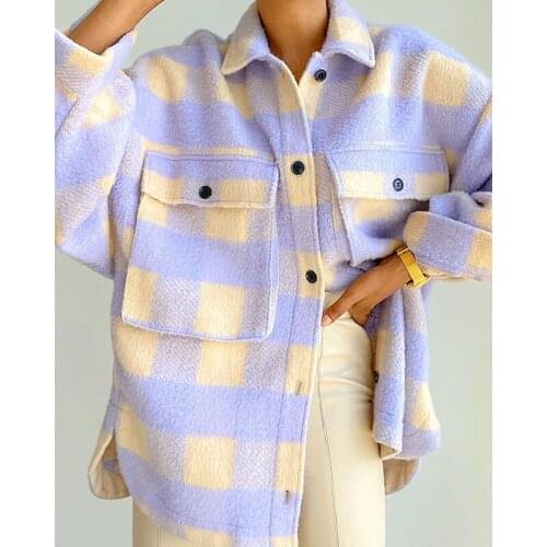 Plaid Vintage Coat Jacket Winter Women Purple Pocket Patchwork Loose Long Sleeve Tweed Jacket Harajuku Vintage High Street Tops