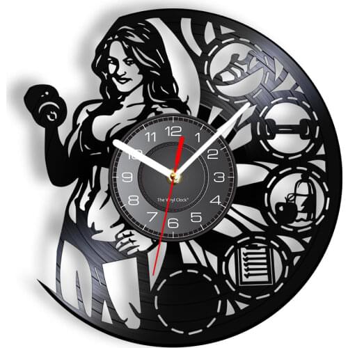 Female Bodybuilder Weightlifting Wall Art Clock Muscletech Lady Builder Muscle Women Crossfit Workout Vinyl Record Wall Clock
