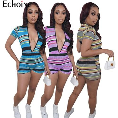 Echoine Summer Striped knitting elastic Rompers 2021 Womens Jumpsuit Deep V Neck Bodycon Short Sleeve Playsuit Female Streetwear