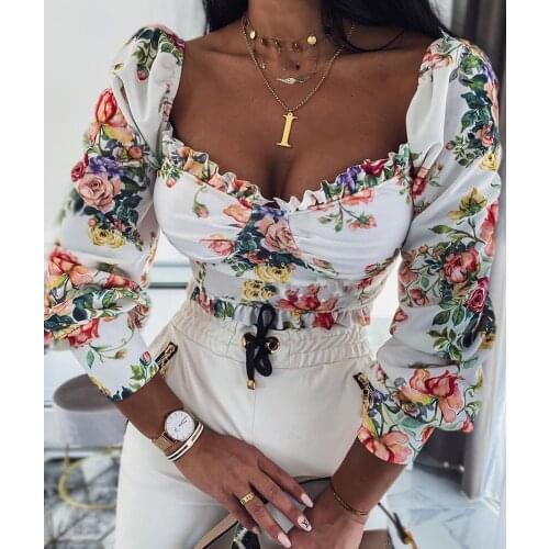 Womens Sexy Crop Top T-shirt Long Puff Sleeve Square Neck Ruffled Elegant Pullover Spring Autumn Ladies Floral Tee Shirt Top