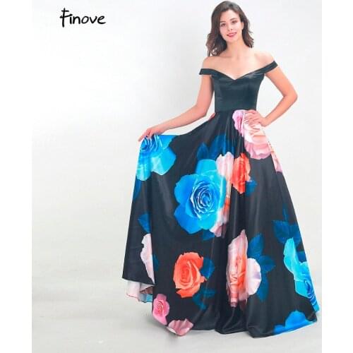 Finove Prom Dress Long 2020 In Womens Dresses Simply Floral Pattern Satin Sexy Off The Shoulder A Line Vestido de fiesta