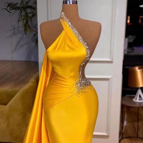 Lowime 2 Designs Yellow Evening Dresses Crystals Mermaid Long Satin Party Dress Formal Elegant Beaded Women Prom Dress Vestidos