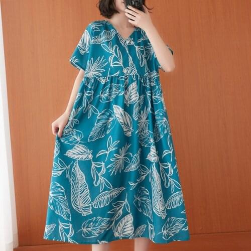 2021 New Arrival Thin Soft Cotton Linen Loose Summer Dress Print Leaf V-neck Women Casual Beach Style Long Maxi Dress