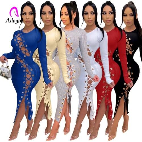 Bandage Women Dress Patchwork Hollow Out Bodycon Maxi Dress Long Sleeve Casual Streetwear Slim Female Night Club Party Outfits