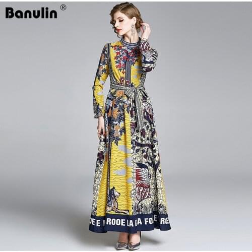 Banulin Robe Automne Femme Runway Long Sleeve Christmas Dress Women Stand Color Vintage Floral Print Sashes Long Maxi Dress