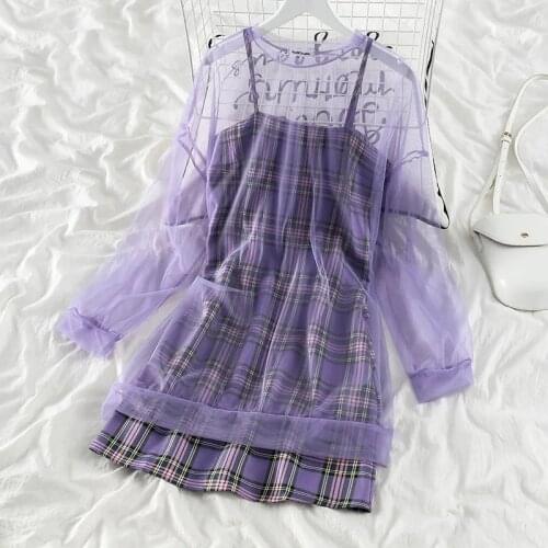 Two-Piece Womens Purple Plaid Dress + Mesh Sunscreen Shirt Fashion Summer Dress for Women G1972