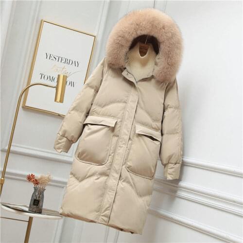 Women 2021 Winter New Thick Warm Real Fox Fur Collar Coats Female Loose Hooded Down Jacket Long White Duck Down Overcoats Q445