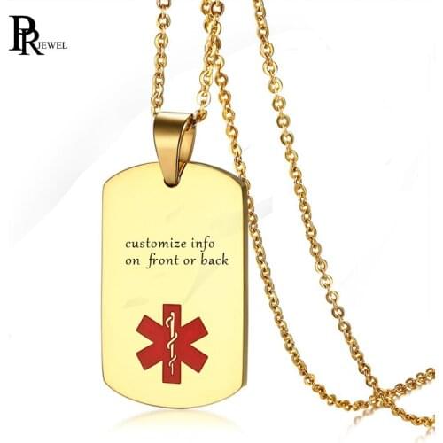 Free Custom Engraved Gold Medical Alert ID Tag Necklace Pendant Stainless Steel Chain Free Engraving