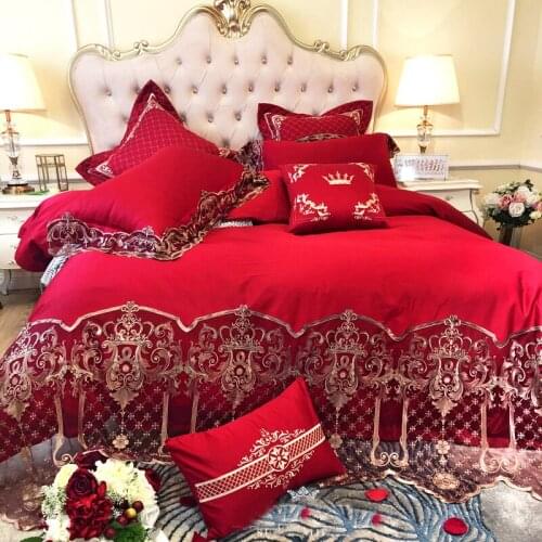 Luxury Lace 100S Egyptian cotton Red Wedding Bedding sets Queen King size Royal Duvet cover Bed sheet set Pillowcase 4/6pcs