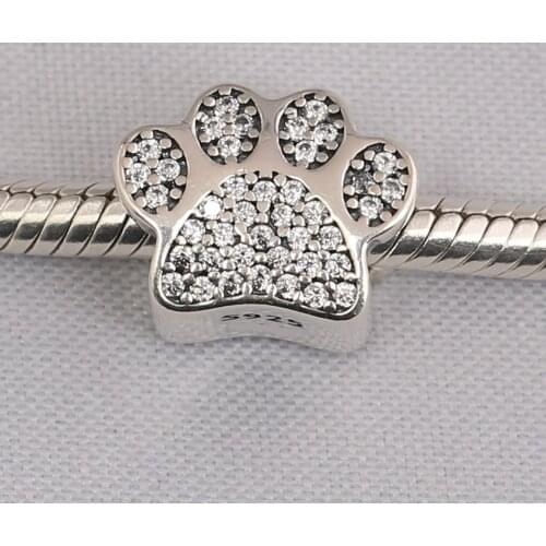 Authentic S925 Silver Bead DIY Jewelry Paw Prints Charm fit Lady Bracelet Bangle Lady Gift Pave Clear CZ