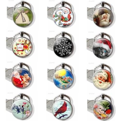 Christmas Folk Art Snow Angel Cat Keychain Glass Cabochon Dome Jewelry Santa Holiday Pendant Reindeer Christmas Key Chain Gift