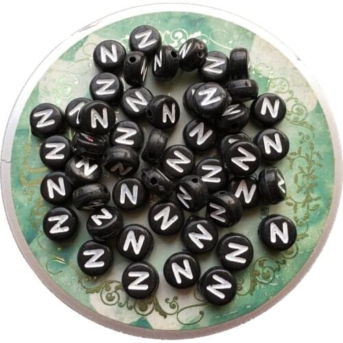 Single Initial N Printed Black Acrylic Letter Beads 4*7MM Flat Coin Round Shape Individual English Alphabet Plastic Bracelet Loose Lucite Beads