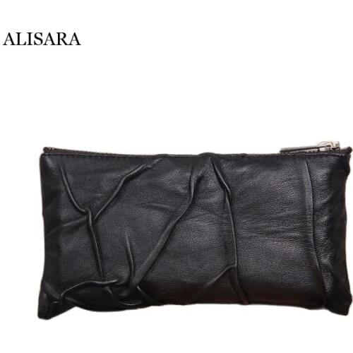 Alisara Long Wallet Women First Layer Leather Top End Handmade Sheepskin Clutch Bag Men Casual Zipper Phone Purses Male