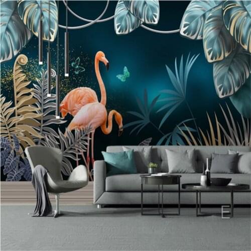 Custom Mural Wallpaper Creative Hand Painted Tropical Plant Leaves Couple Flamingo Background Wall Painting