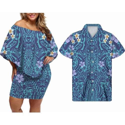 Hycool Hawaiian Hibiscus Print Plain Chiffon Off Shoulder Bodycon Dress Plus Size Ruffle Shawl Dress Match Men Button Up Shirts
