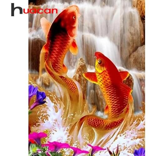 Huacan 5d DIY Diamond Painting Full Square/Round Fish Waterfall Diamond Embroidery Kits Cross Stitch Mosaic Carp Animal Puzzle