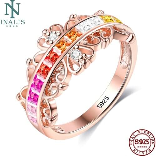 INALIS S925 Sterling Silver Rainbow Rings For Women Cubic Zirconia Crown Pattern Simple Trendy Engagement Rings Fine Jewelry