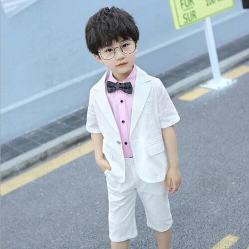 High Quality Boy Sets Fashion Kids Party Formal Short Sleeve Soild Single Button Blazer Coat+Pant Clothing Set New Children Suit
