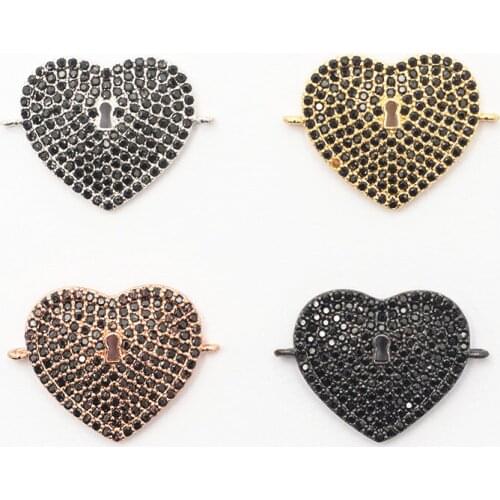 17.1×23.6mm Pavé Black Crystal Cute Heart-shaped Lock Copper Joint DIY Ladies Bracelet Necklace Accessories Wholesale