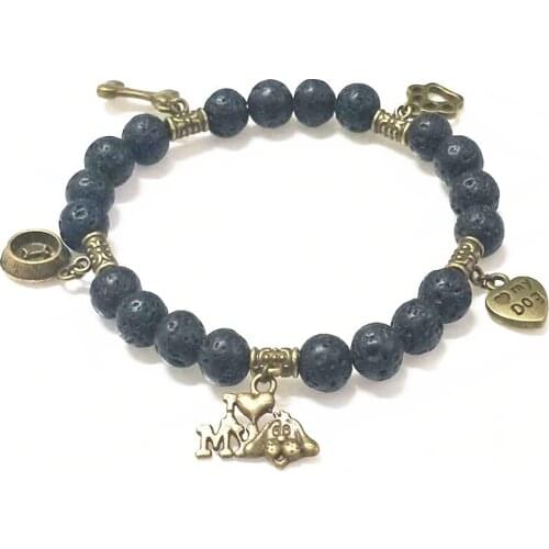 Fashion Black Natural Stone Chakra Lava Bracelet For Women Men adjustable Jewelry Bronze Color Dog Tag Paws Bone Pet Bracelets