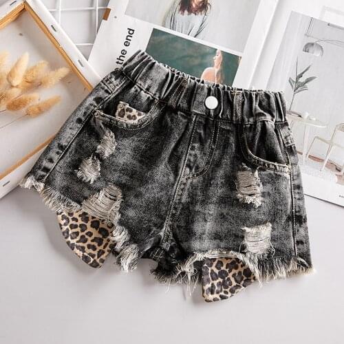 2-9T Leopard Jeans Shorts For Girls Toddler Kid Baby Clothes Fashion Summer Holes Tassels Denim Shorts Elegant Irregular Trouser