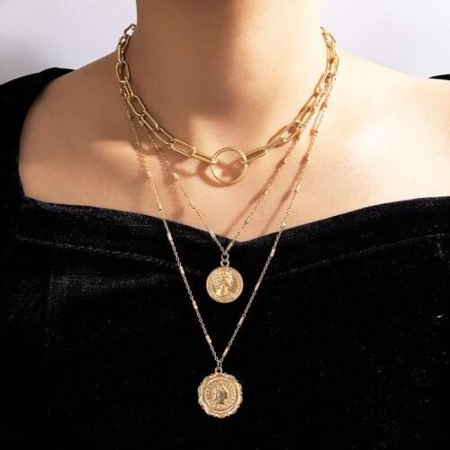 Tocona Punk Thick Chain Coin Pendant Neckalce for Women Gold Color Multi-layer Geometric Jewelry Accessories Collar 17943