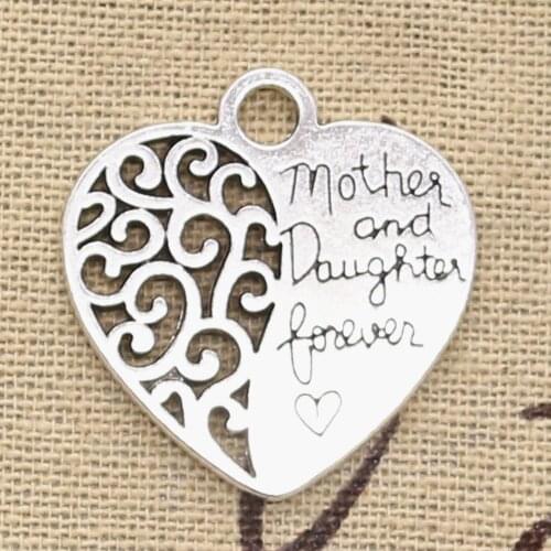 4pcs Charms Heart Mother Daughter Forever 27x28mm Antique Silver Color Plated Pendants Making DIY Handmade Tibetan Finding