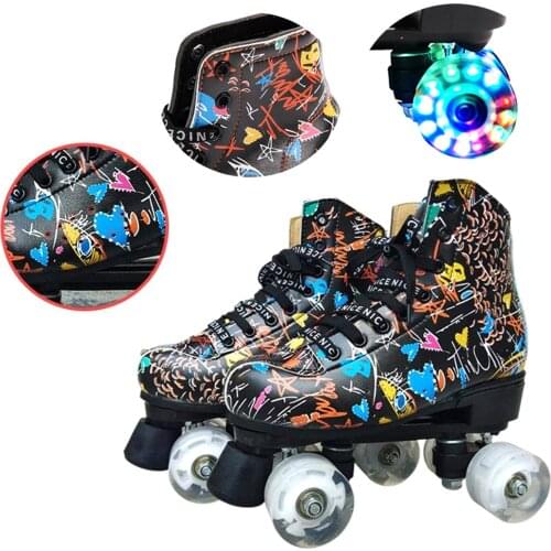 Adults Teens Beginners Roller Skates 4 Flash Wheels Double Row Roller Skates Graffiti Surface Professional Slalom Skating Shoes