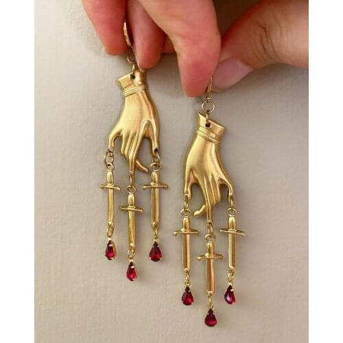 Drop Earrings - Gold, Red, Sword, Dagger, Hand, Dangle Earrings