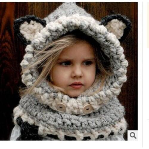 Rough wool gray fox hat hand-woven fox childrens hat Dinosaur hat black cat neck cap