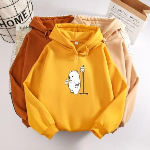 Cartoon Bear Print Sweatshirt Kpop Fashion Kawaii Graphic Warm Hoodies for Women Korean Style Long Sleeve Sweetshirt for Girls