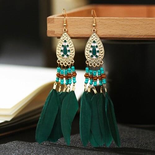 Long Bohemian Feather Tassel Stud Earrings