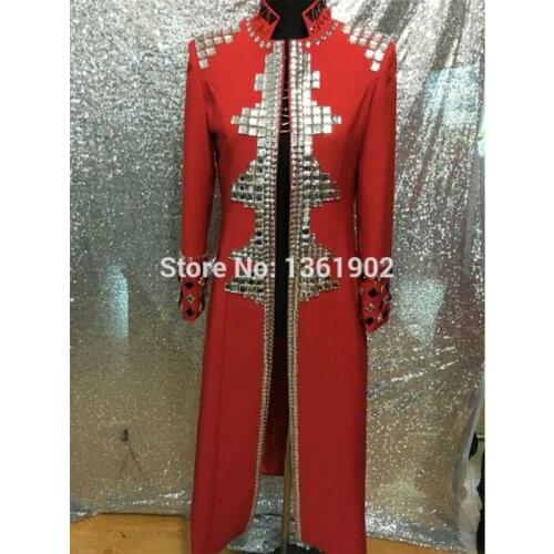 Plus size Custom made red Crystals mens ds dj male singer dance performance long style outerwear costume rhinestone jacket coat
