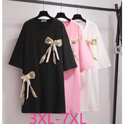 2021 summer plus size tops for women loose casual short sleeve cotton bow O neck long T-shirt black white pink 4XL 5XL 6XL 7XL