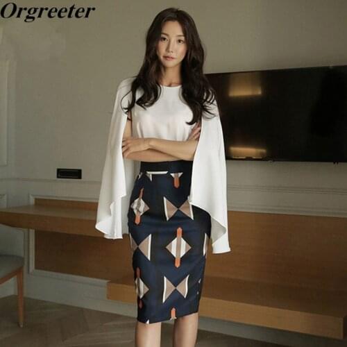 Korean New 2018 Summer Office Work Elegant ladies outfit Womens White Cloak Sleeves Shirt and Print Bodycon Skirt 2 Piece Set