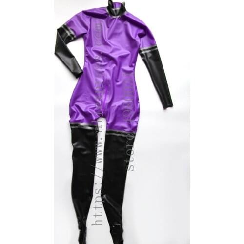 Womens latex Zentai catsuit with socks in purple with black and dark gray trims decorations