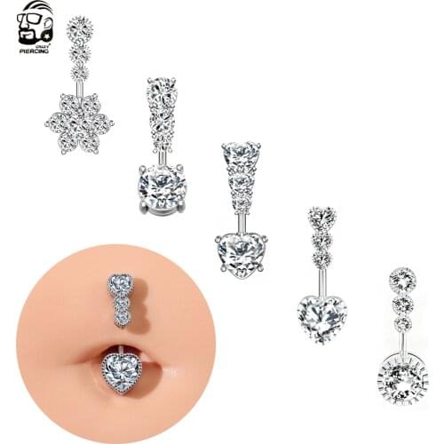 4 Crystals Belly Button Rings for Women Girl Surgical Steel CZ Navel Ring Set Cute Heart Belly Rings Piercing Body Jewelry Oreja