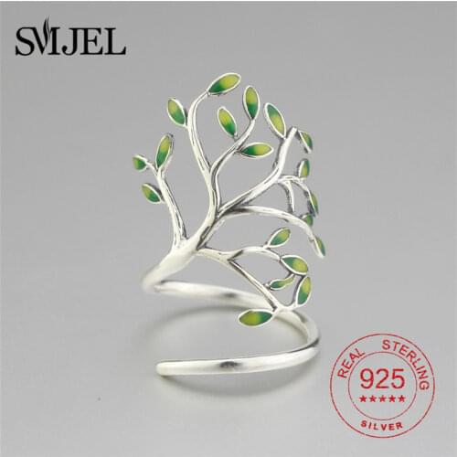 SMJEL 100% 925 Sterling Silver Leaf Ring for Women Adjustable Wedding Finger Rings Party Gift Nature Glaze Leaves Ring Femme