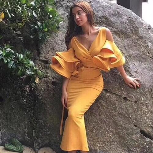 QUALITY Runway HIGH 2021 Designer New Stylish Dress Womens Flare Sleeve V-neck Mid-calf Party Dress