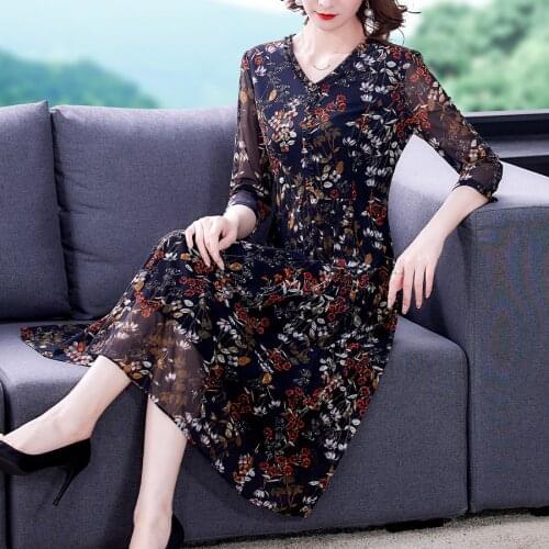 2021 Spring Casual 5XL Plus Size Dress Autunm Vintage Floral Mesh Chiffon Beach Midi Dress Women Elegant Bodycon Party Vestidos