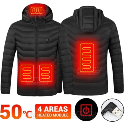 4 Areas Heated Vest Warm Windbreaker Thermal Jacket USB Heated Jackets Coat Mens Autumn Clothing Winter Fishing Trekking Black